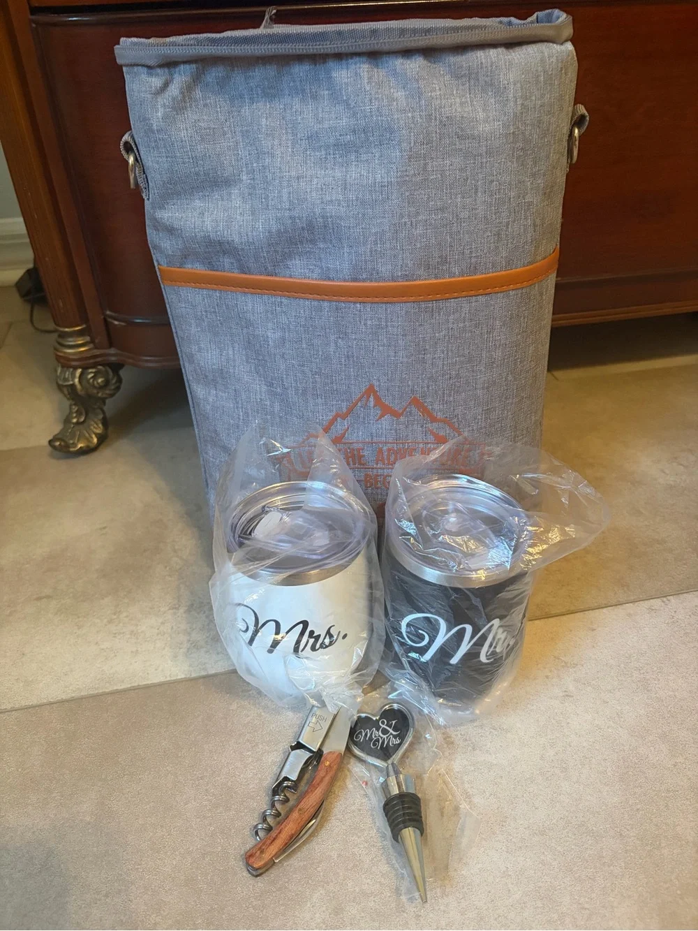 Mr. & Mrs. Wedding Gift - Adventure Wine Cooler Bag Tumblers Corkscrew & Stopper
